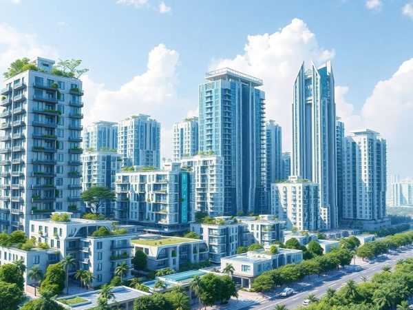 Peisaj urban modern cu clădiri inovatoare și spații verzi.