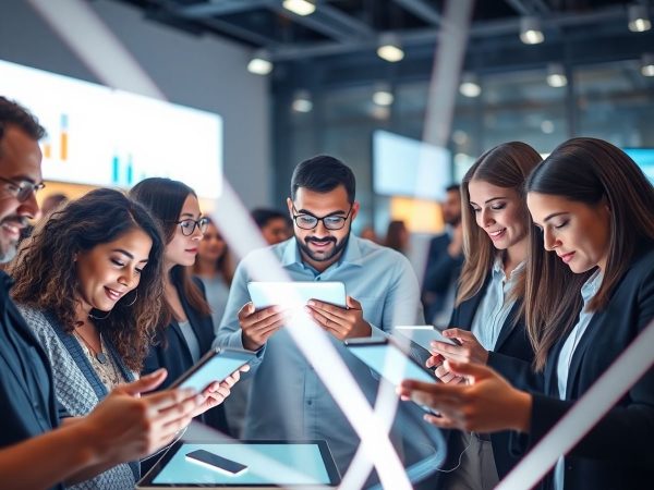 Oameni interacționând cu dispozitive digitale în mediu de afaceri modern.