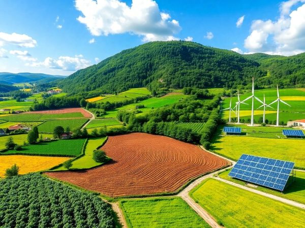 Peisaj rural din România cu energie regenerabilă și agricultură.